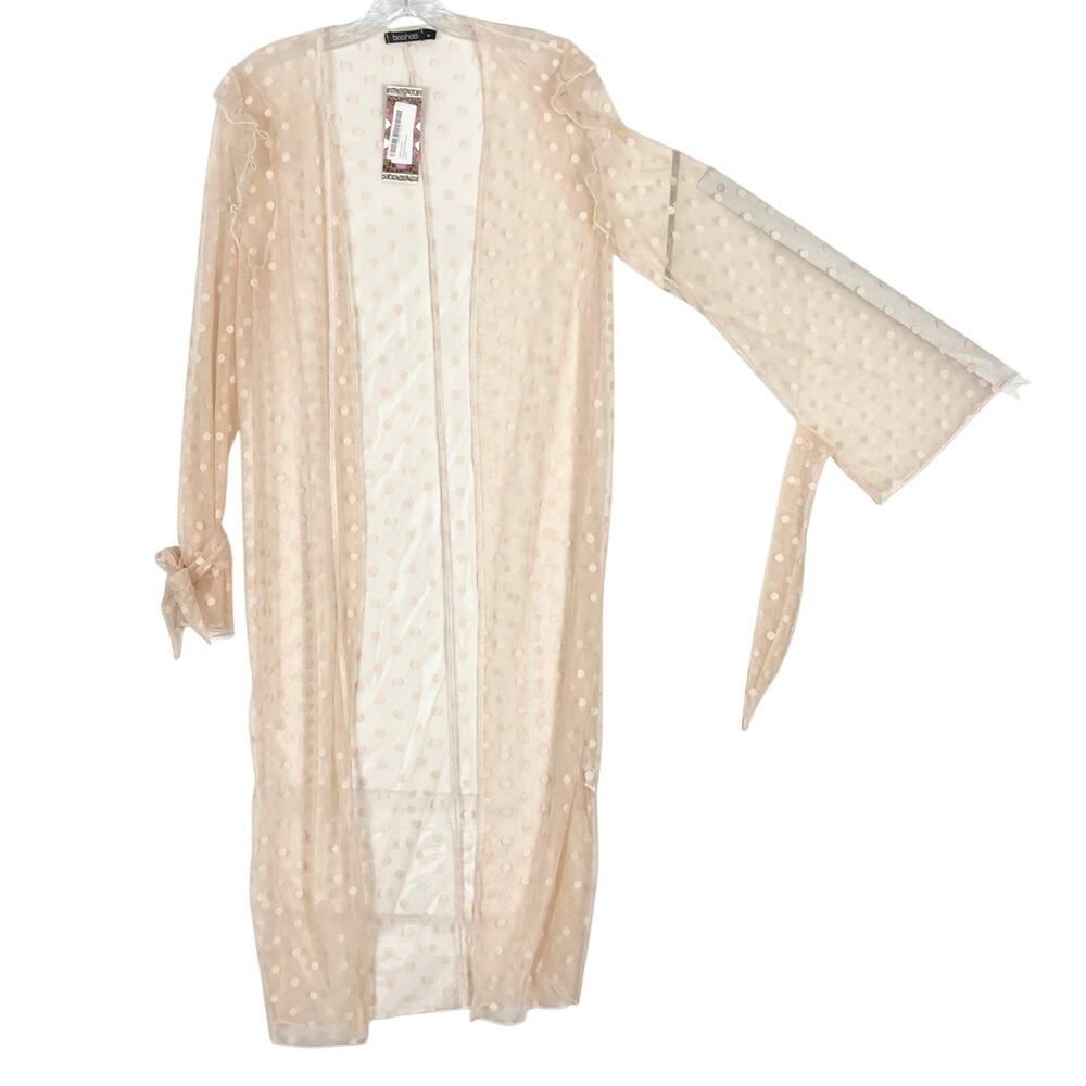 NWT BOOHOO Robe Duster Cardigan M Peach Polkadot Sheer Mesh Open Ruffle Bow-Cuff